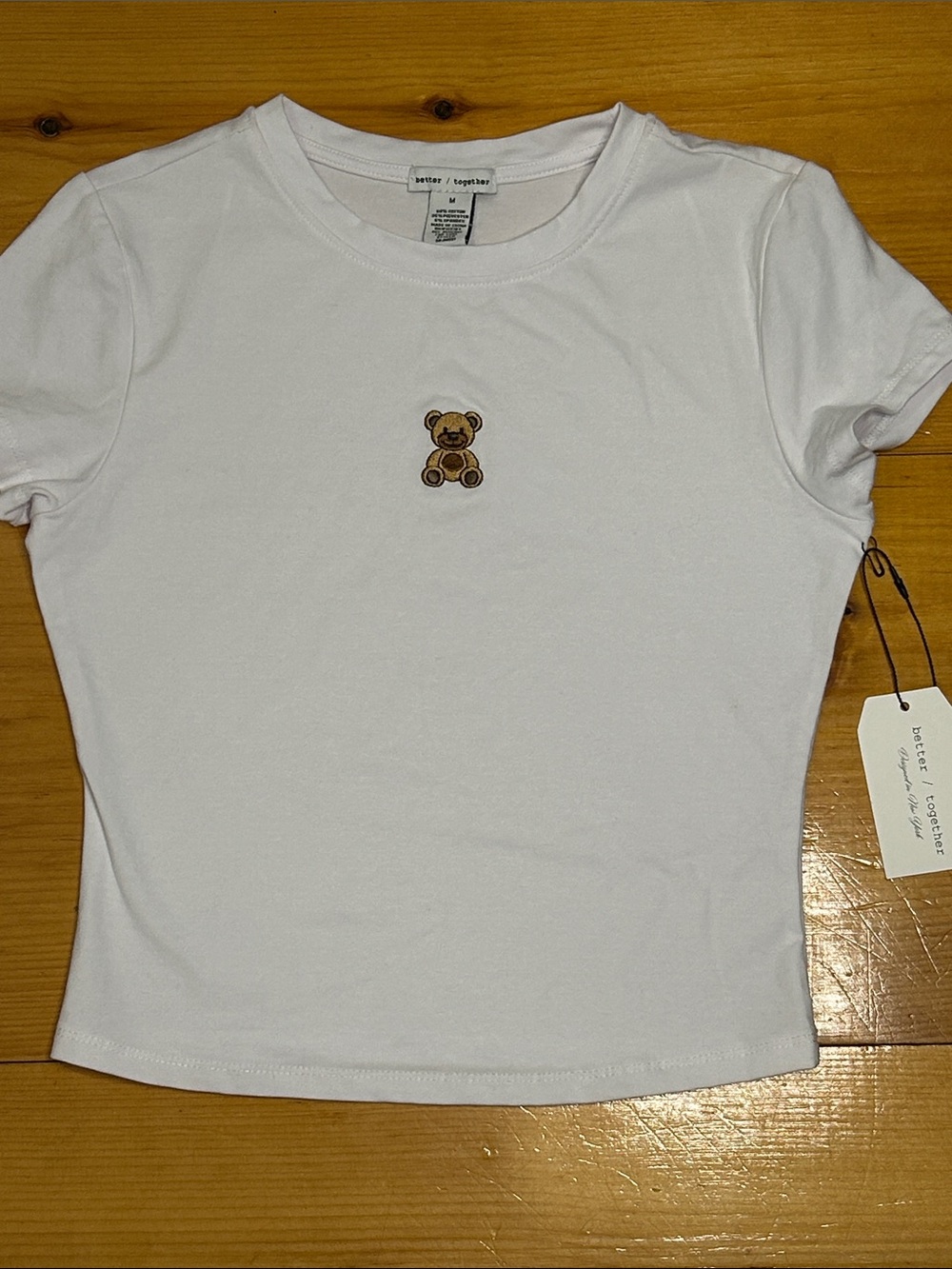 White babydoll Y2K Tee with Small Brown Teddy Embroidery